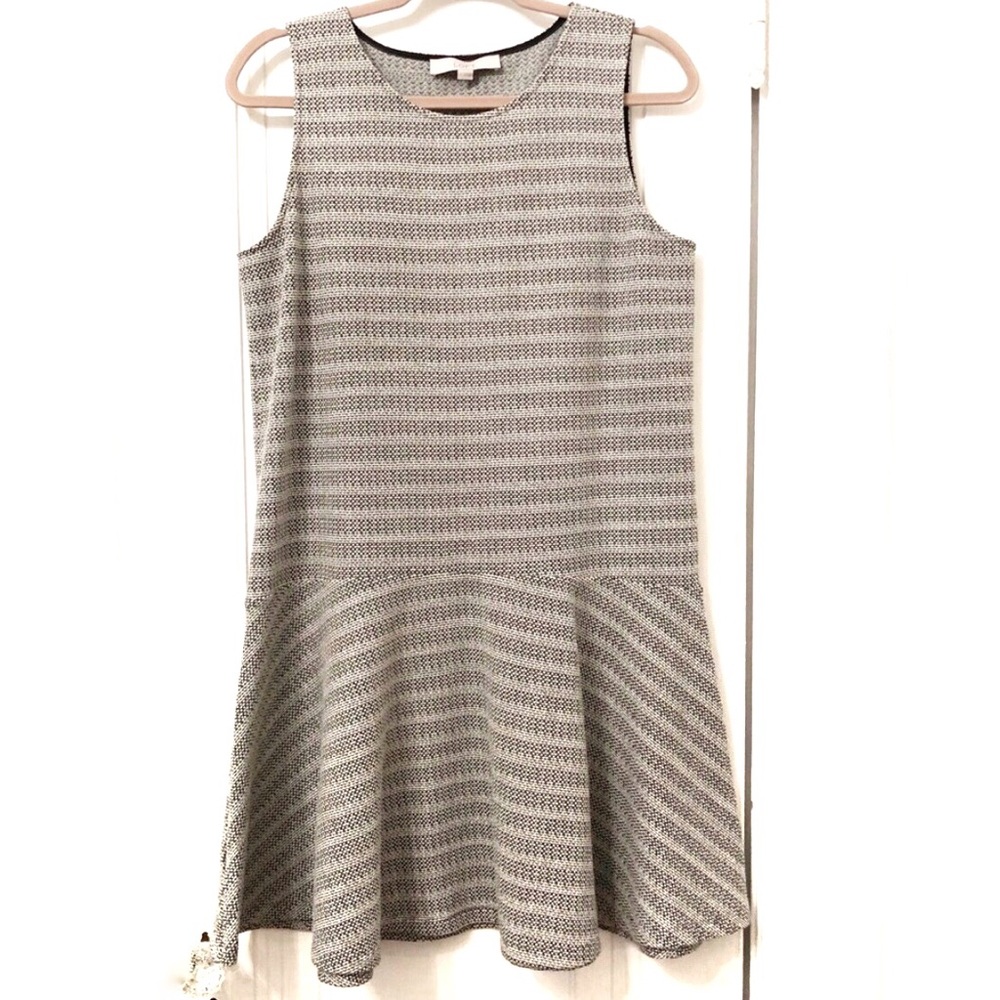 LOFT black white textured stripe jumper dress ruffle hem drop waist size medium